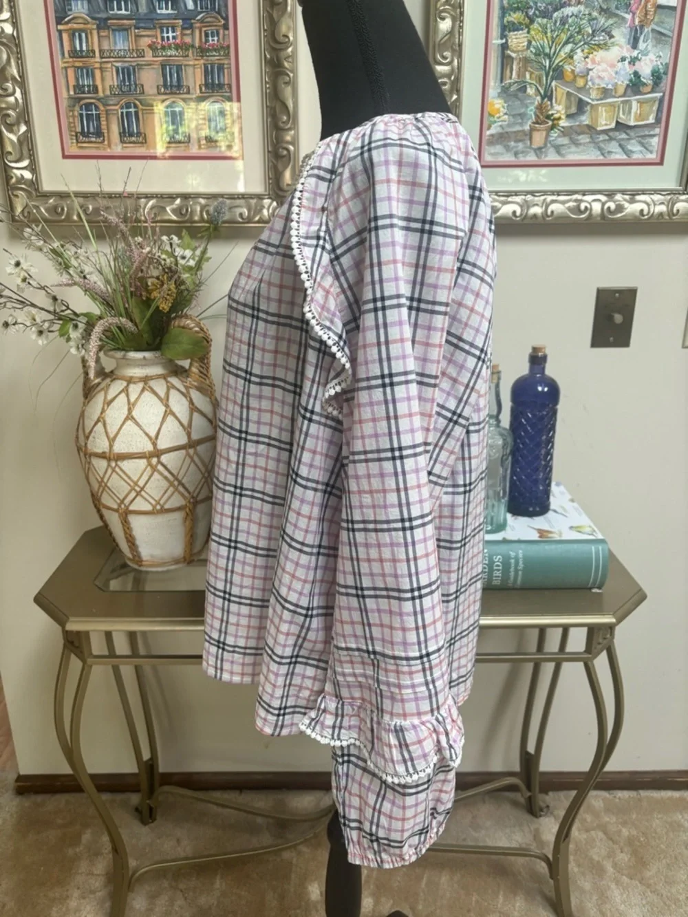J. Crew Cotton Pink & Navy Plaid Ruffle Lace Trim Peasant Boho Top Blouse Sz L